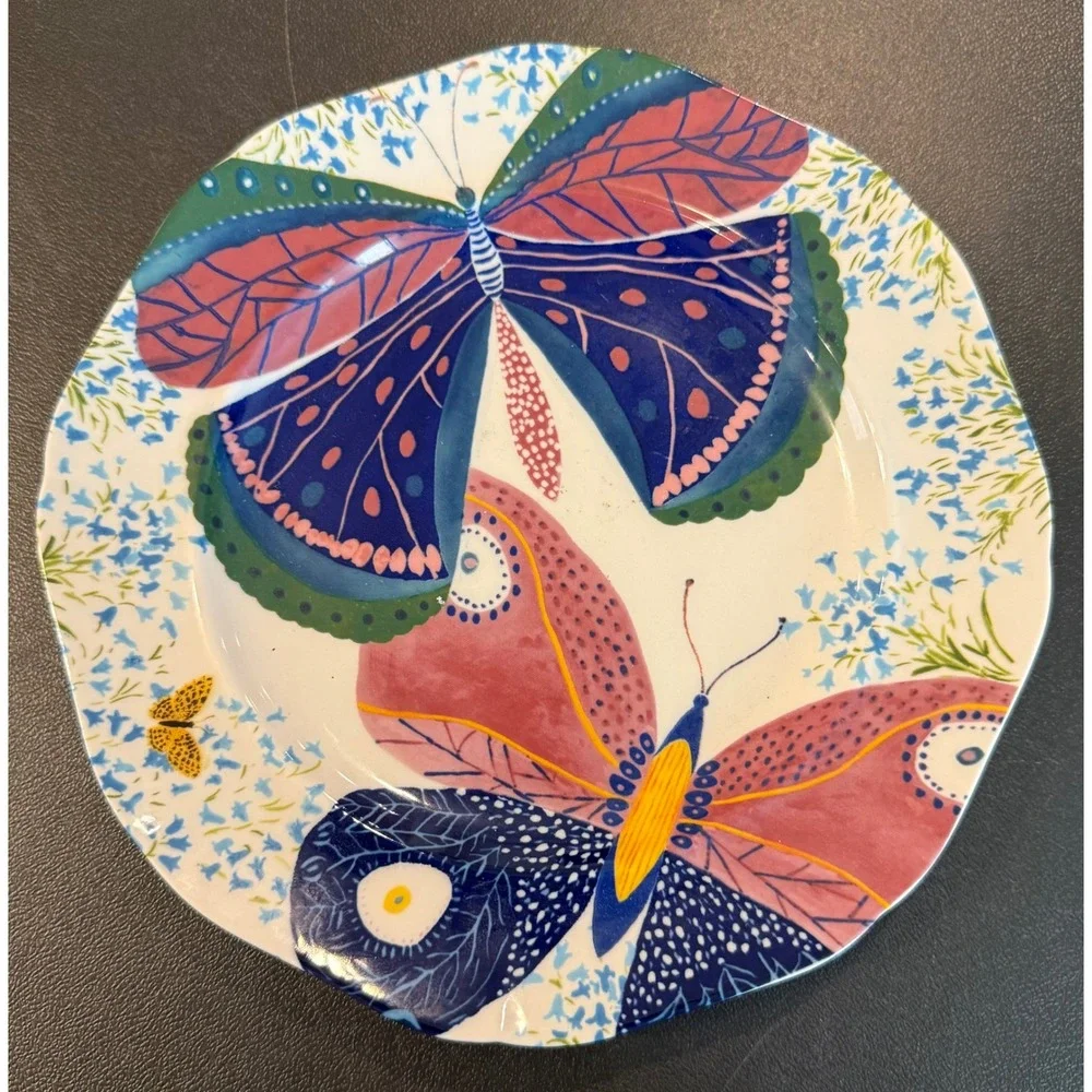 Anthropologie 8 Inch Salad Dessert Plate White Paule Marrot Butterfly Floral